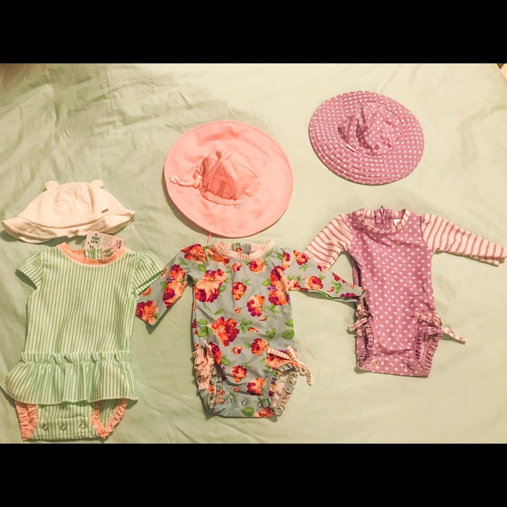 Three Ruffle Butt Swimsuits with hats